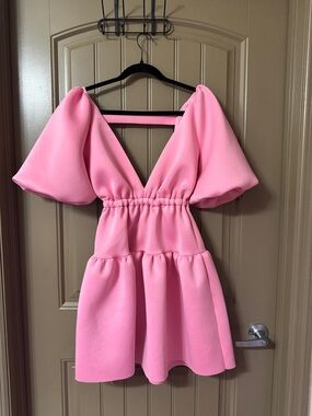 ASOS Pink V-Neck Puff Sleeve Mini Dress